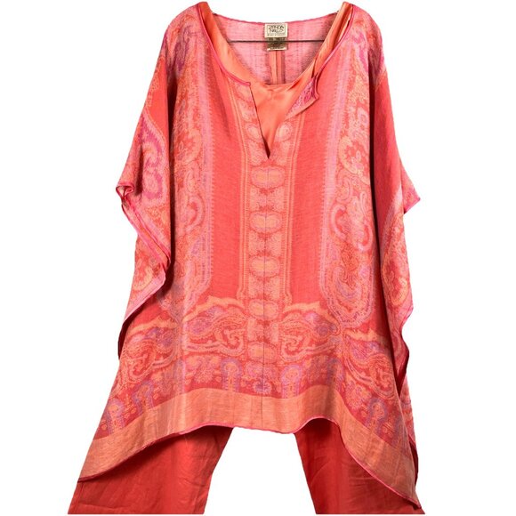 Os Zonda Nellis silk and linen Coral summer 3 piece set tunic tank pants - Picture 2 of 10